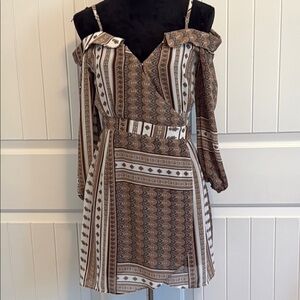 Elegant Brown Patterned Long Sleeve Dress